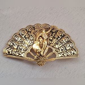 Matador Damascene Style Fan Brooch Stamped Spain Vintage Bullfighter Pin Gold